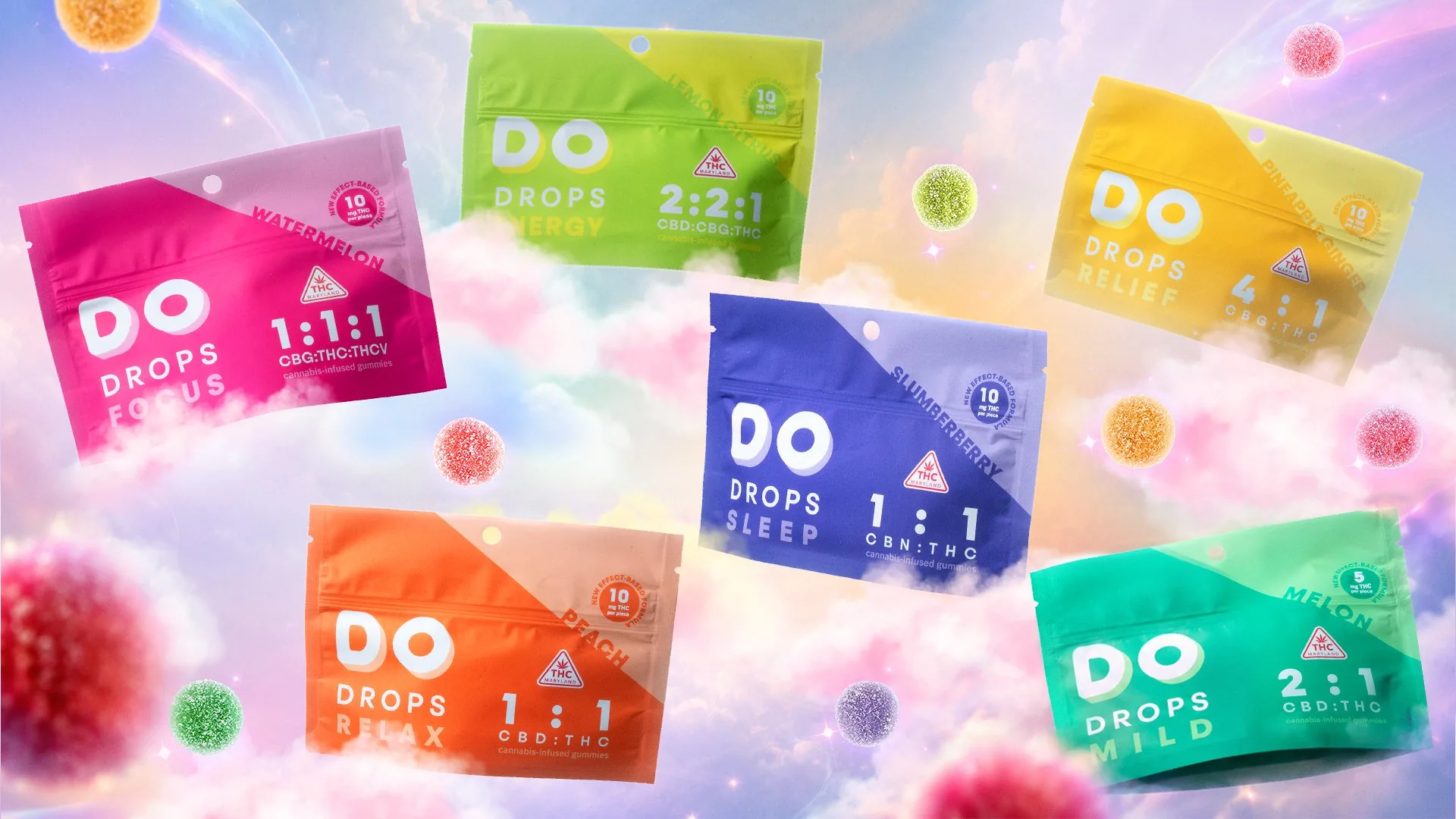 DO Drops campaign banner: the six coloured pouches and their gummies floating through a pink and lavender cloudscape.