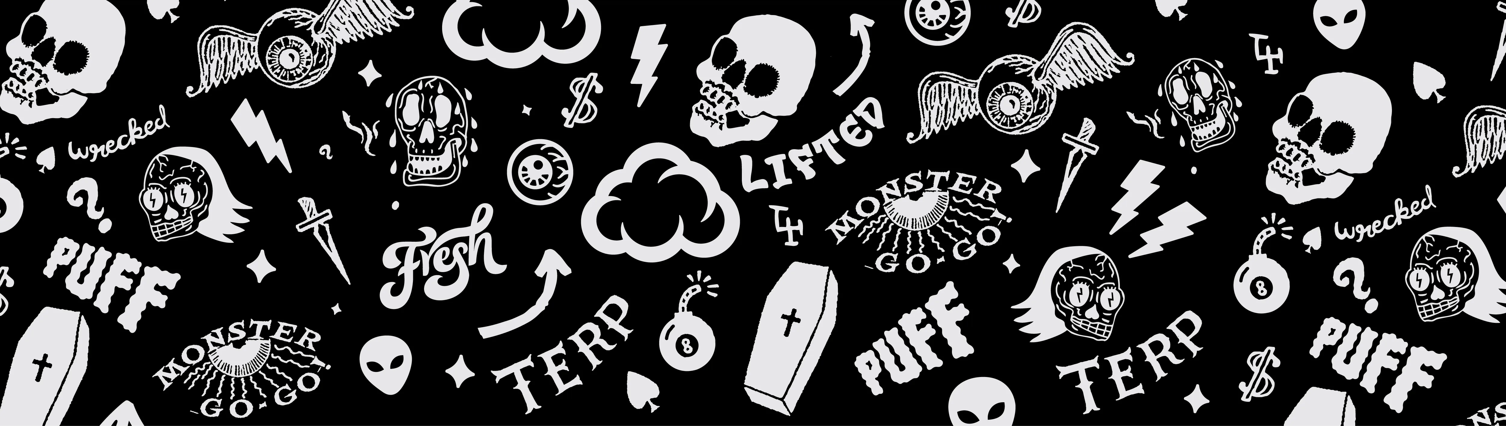 Hellavated skull-and-cloud doodle pattern, full bleed