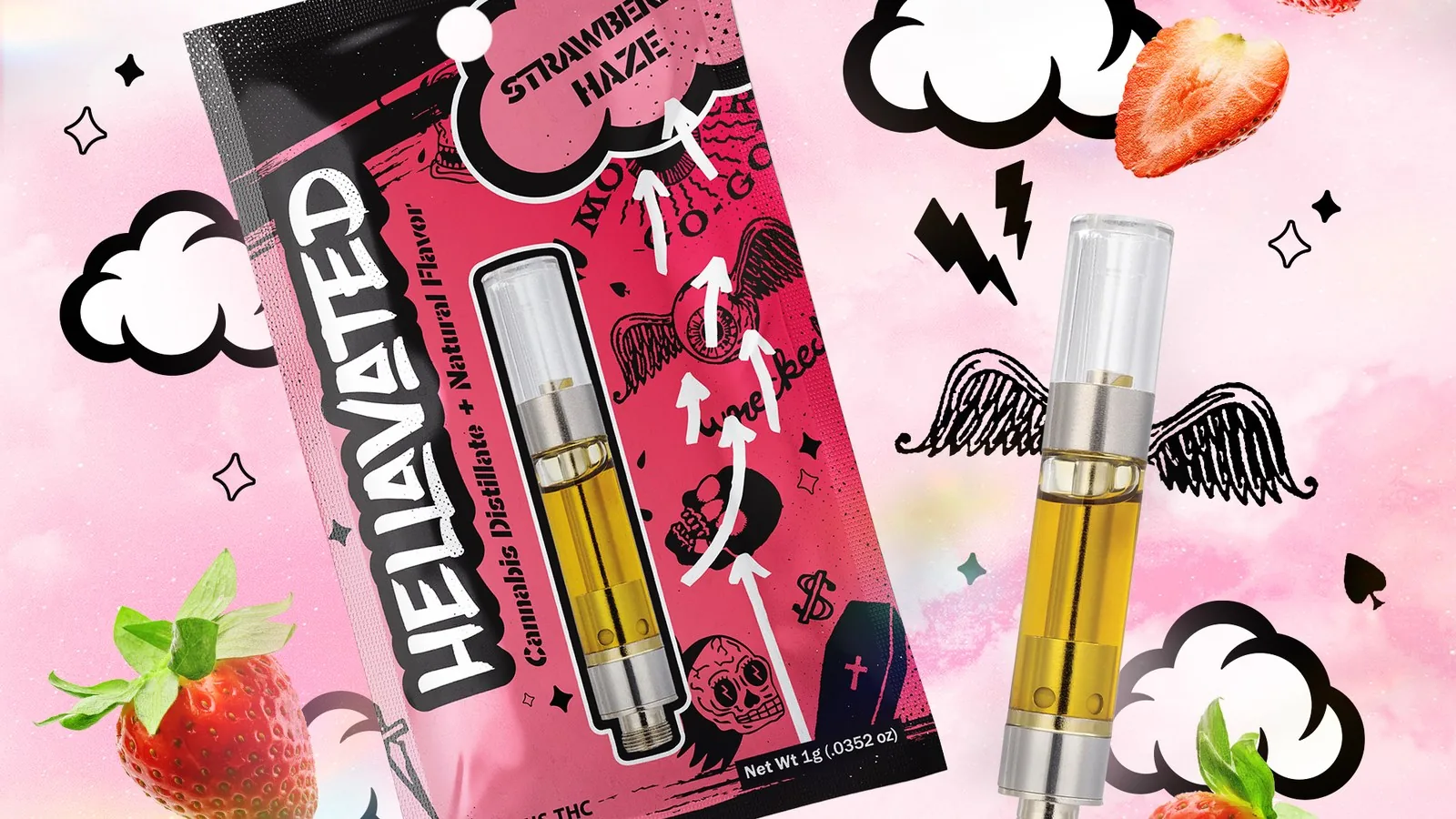 Hellavated Strawberry Haze flavor key art: watercolor strawberries