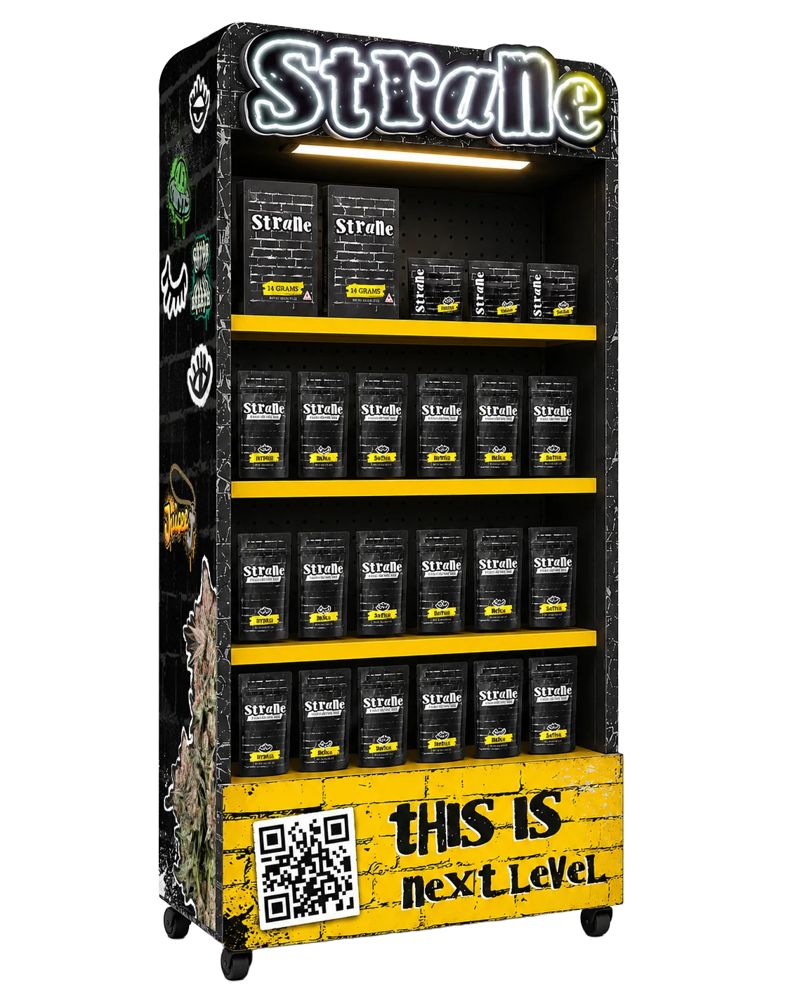Strane shelf display side view with stocked pouches